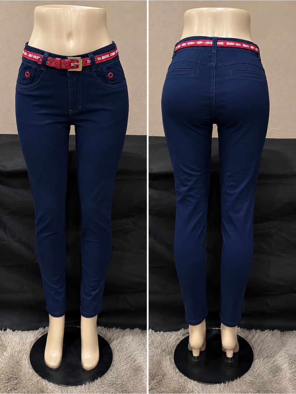 Women’s Navy Blue Skinny Pants with Red Belt – Size 9